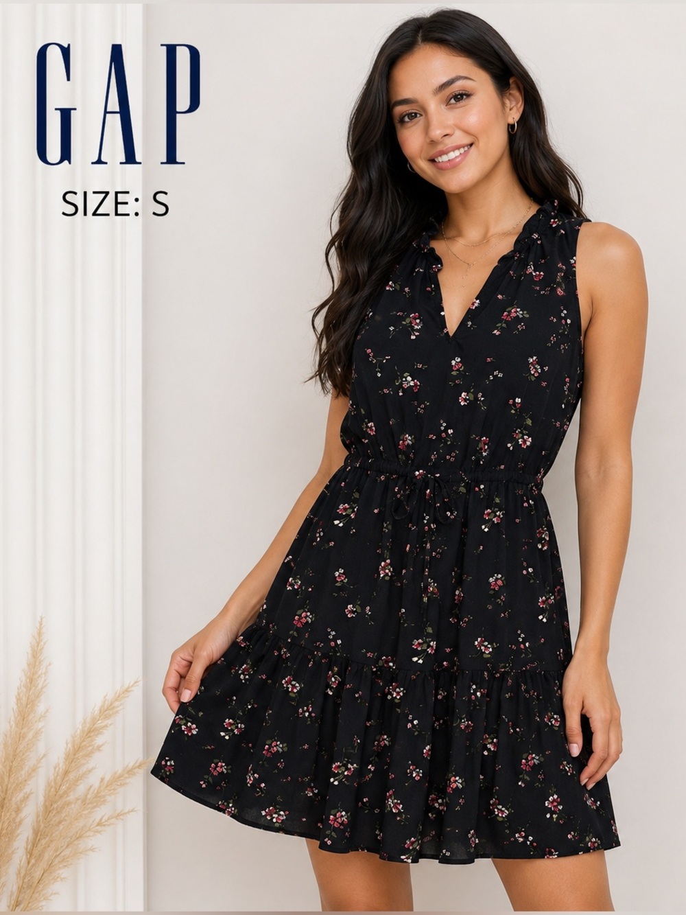 GAP Women’s Small Black Floral Sleeveless Tiered Mini Dress Ruffle Neck feminine